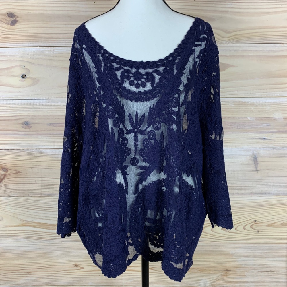Simply Emma Top Womens 3X‎ Blue Crochet Embroidered Mesh Sheer Boho Eclipse New